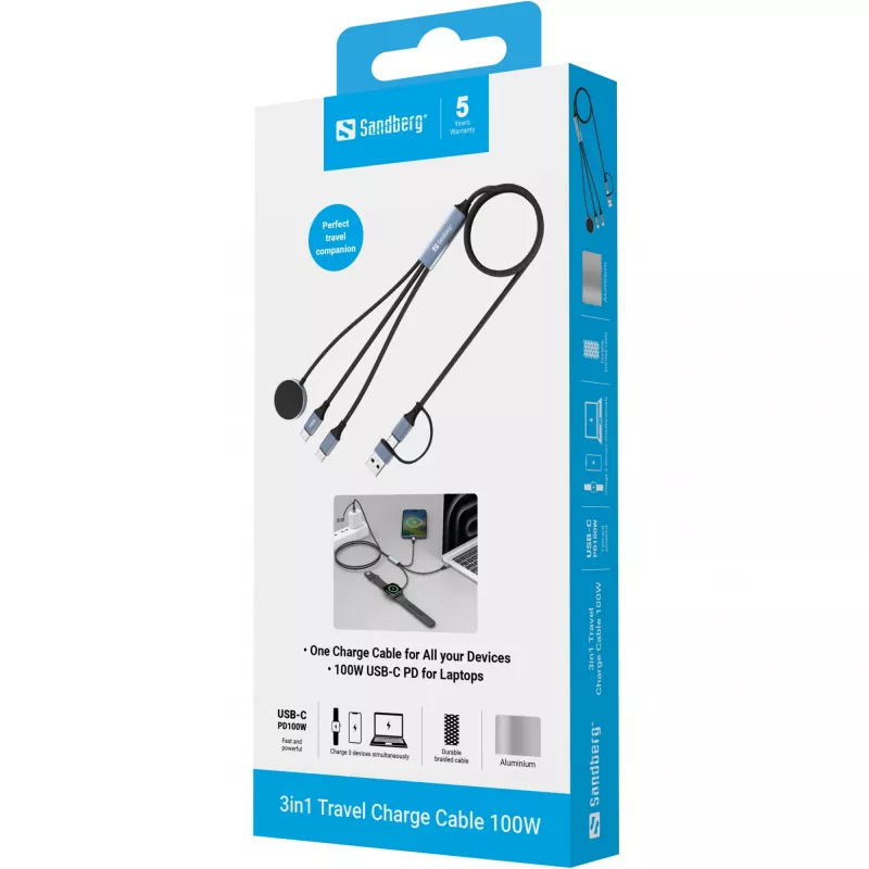 Sandberg 3in1 Travel Charge Cable 100W, 1.2 m, USB A/USB C, Black