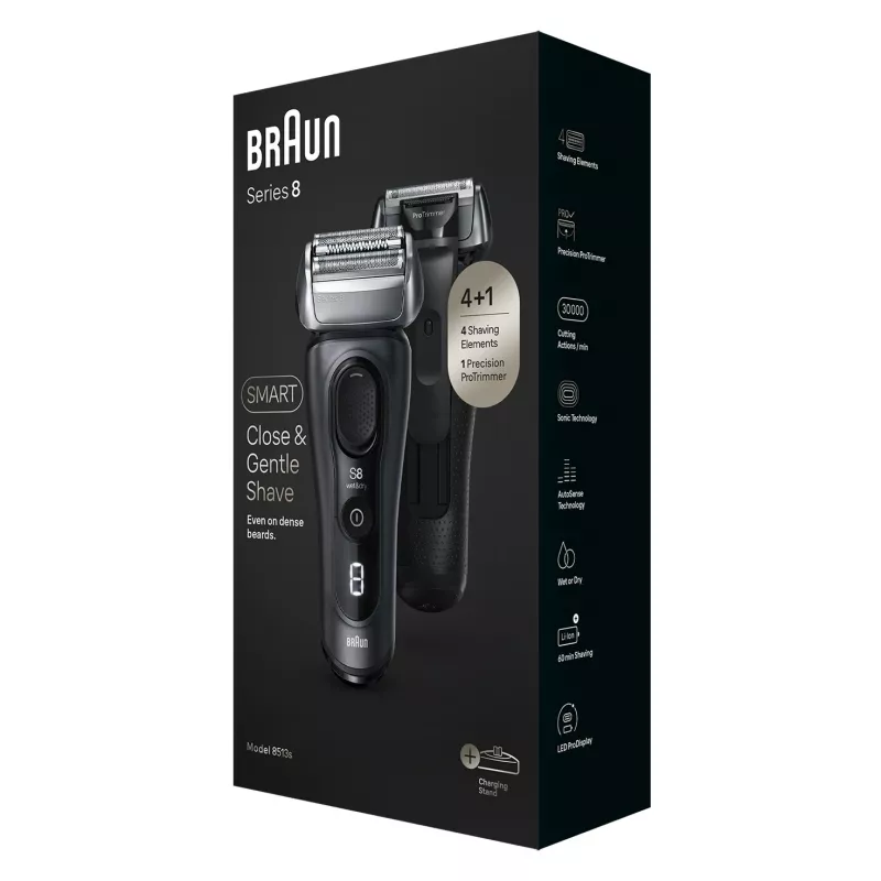 Braun Series 8 8513s Wet & Dry shaver with charging stand and travel case, fjord grey