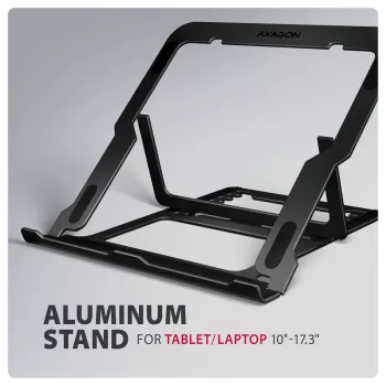 Axagon STND-LAB Aluminum stand for laptops size 10 inch–17.3 inch. Eight adjustable height and angle. Black version.