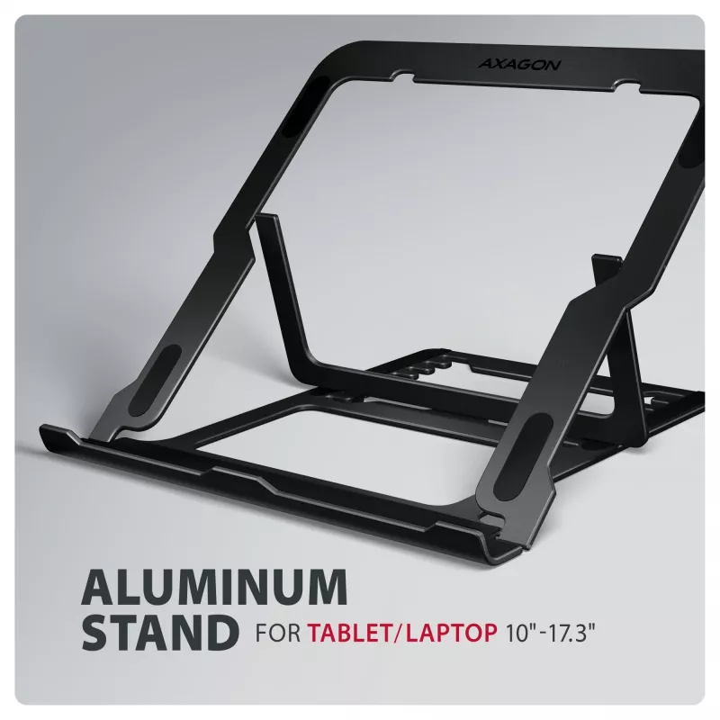 Axagon STND-LAB Aluminum stand for laptops size 10 inch–17.3 inch. Eight adjustable height and angle. Black version.