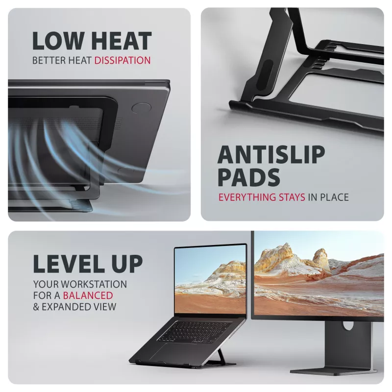 Axagon STND-LAB Aluminum stand for laptops size 10 inch–17.3 inch. Eight adjustable height and angle. Black version.