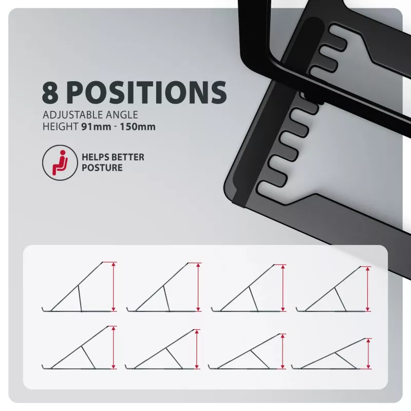 Axagon STND-LAB Aluminum stand for laptops size 10 inch–17.3 inch. Eight adjustable height and angle. Black version.