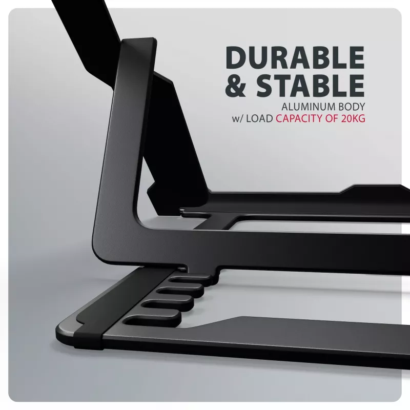 Axagon STND-LAB Aluminum stand for laptops size 10 inch–17.3 inch. Eight adjustable height and angle. Black version.