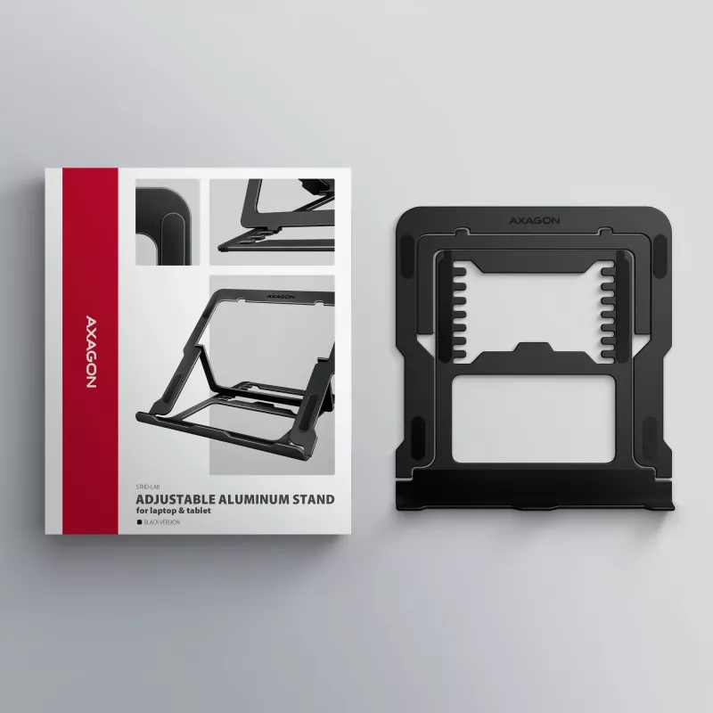 Axagon STND-LAB Aluminum stand for laptops size 10 inch–17.3 inch. Eight adjustable height and angle. Black version.