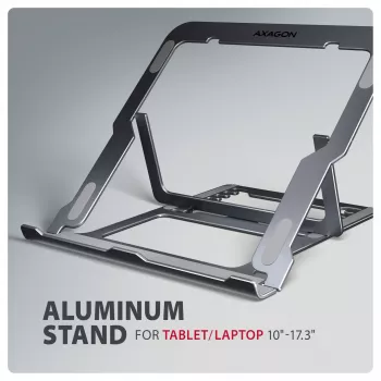 Axagon STND-LAG Aluminum stand for laptops size 10 inch–17.3 inch. Eight adjustable height and angle. Grey version.