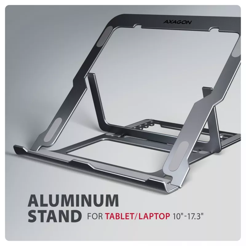 Axagon STND-LAG Aluminum stand for laptops size 10 inch–17.3 inch. Eight adjustable height and angle. Grey version.