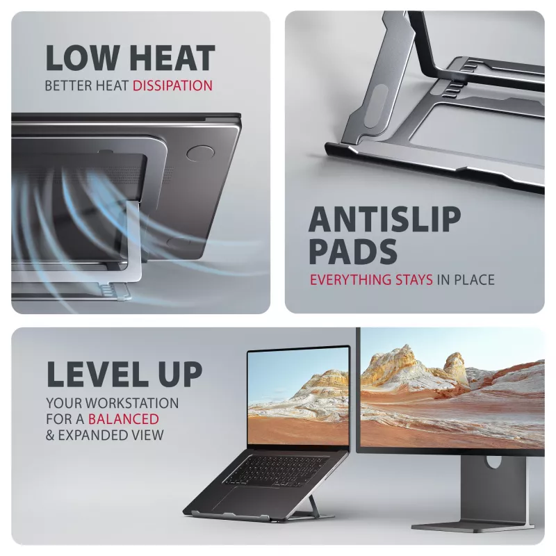 Axagon STND-LAG Aluminum stand for laptops size 10 inch–17.3 inch. Eight adjustable height and angle. Grey version.