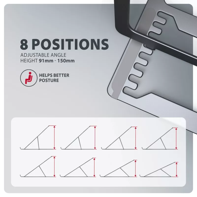 Axagon STND-LAG Aluminum stand for laptops size 10 inch–17.3 inch. Eight adjustable height and angle. Grey version.