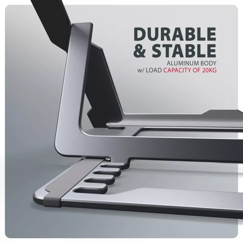 Axagon STND-LAG Aluminum stand for laptops size 10 inch–17.3 inch. Eight adjustable height and angle. Grey version.