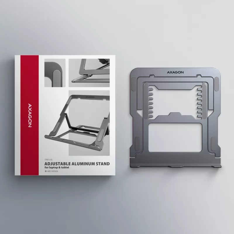 Axagon STND-LAG Aluminum stand for laptops size 10 inch–17.3 inch. Eight adjustable height and angle. Grey version.