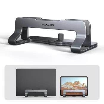 Axagon STND-VG Aluminum stand for vertical insertion of laptops 10 inch–17.3 inch. Adjustable slot width 9.5–25.5 mm. Grey version.
