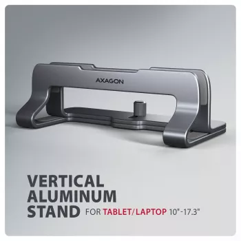 Axagon STND-VG Aluminum stand for vertical insertion of laptops 10 inch–17.3 inch. Adjustable slot width 9.5–25.5 mm. Grey version.
