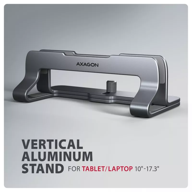 Axagon STND-VG Aluminum stand for vertical insertion of laptops 10 inch–17.3 inch. Adjustable slot width 9.5–25.5 mm. Grey version.