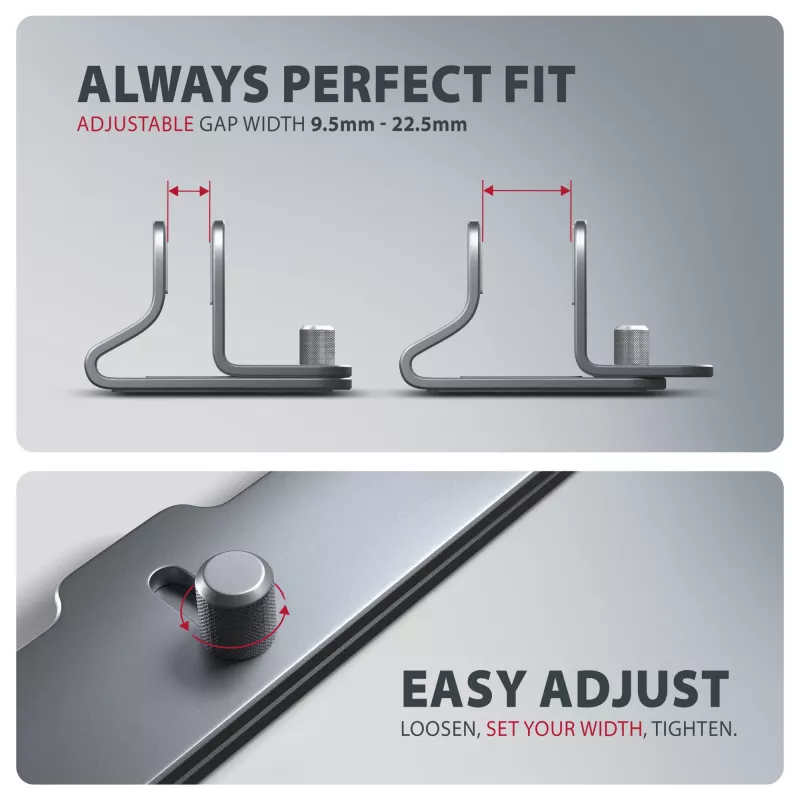 Axagon STND-VG Aluminum stand for vertical insertion of laptops 10 inch–17.3 inch. Adjustable slot width 9.5–25.5 mm. Grey version.