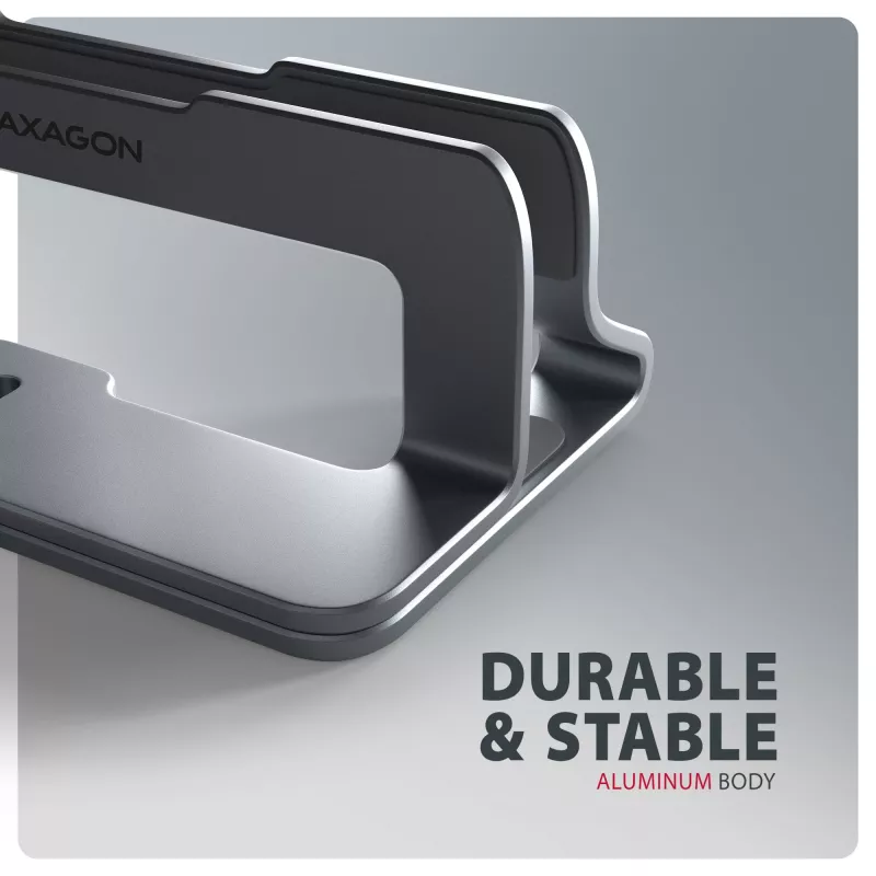 Axagon STND-VG Aluminum stand for vertical insertion of laptops 10 inch–17.3 inch. Adjustable slot width 9.5–25.5 mm. Grey version.