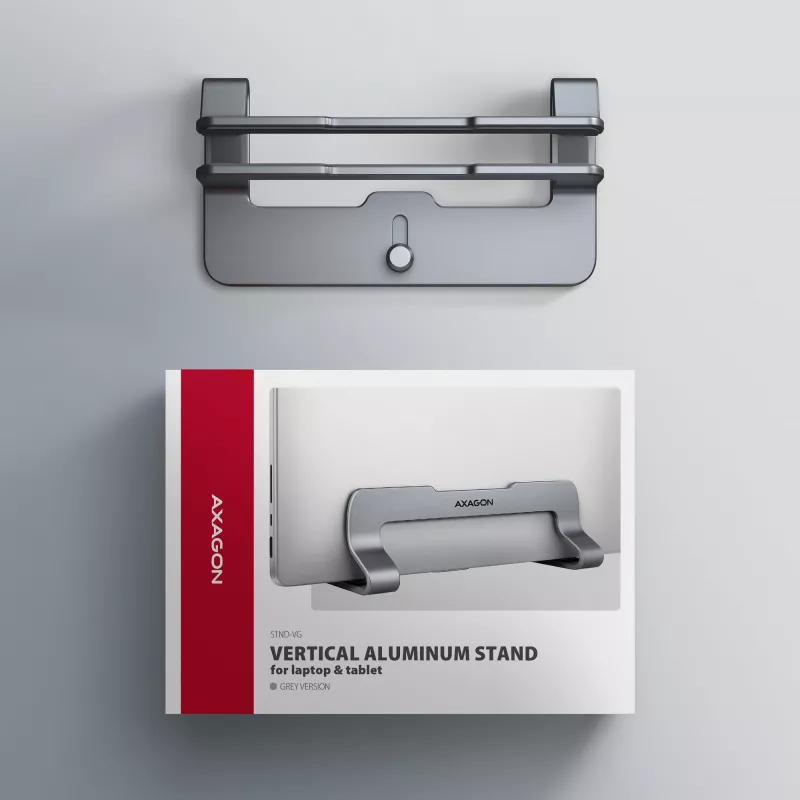 Axagon STND-VG Aluminum stand for vertical insertion of laptops 10 inch–17.3 inch. Adjustable slot width 9.5–25.5 mm. Grey version.