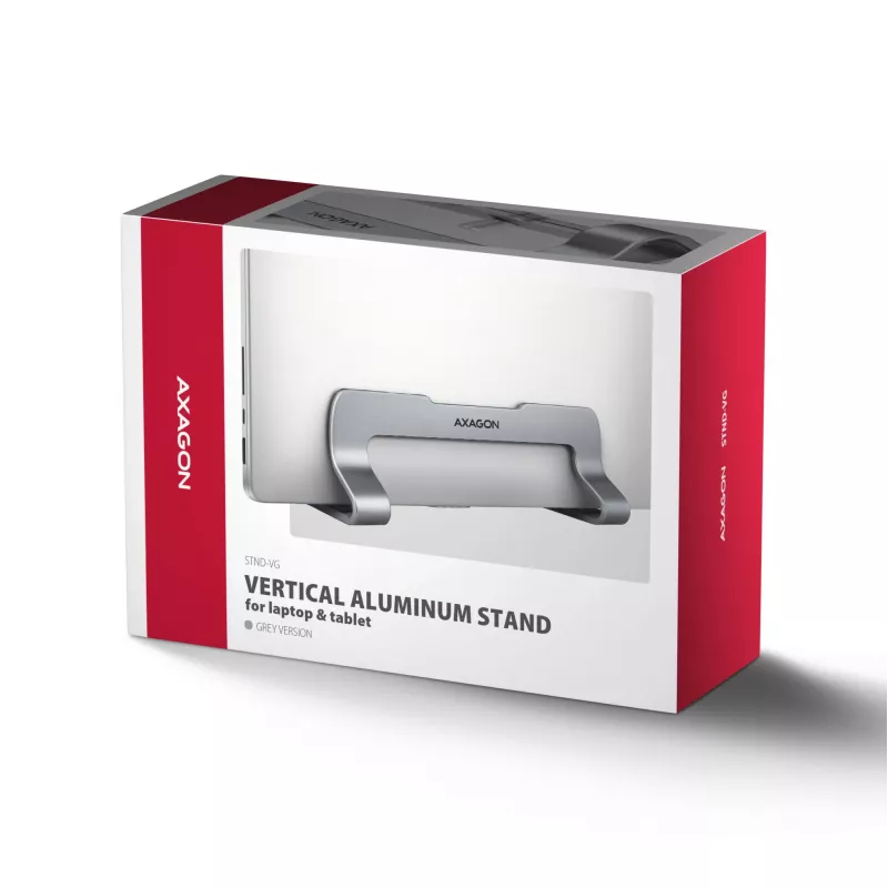Axagon STND-VG Aluminum stand for vertical insertion of laptops 10 inch–17.3 inch. Adjustable slot width 9.5–25.5 mm. Grey version.