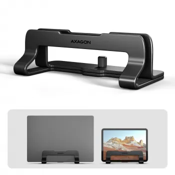 Axagon STND-VB Aluminum stand for vertical insertion of laptops sized 10 inch–17.3 inch. Adjustable slot width 9.5–25.5 mm. Black version.