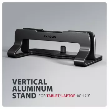 Axagon STND-VB Aluminum stand for vertical insertion of laptops sized 10 inch–17.3 inch. Adjustable slot width 9.5–25.5 mm. Black version.