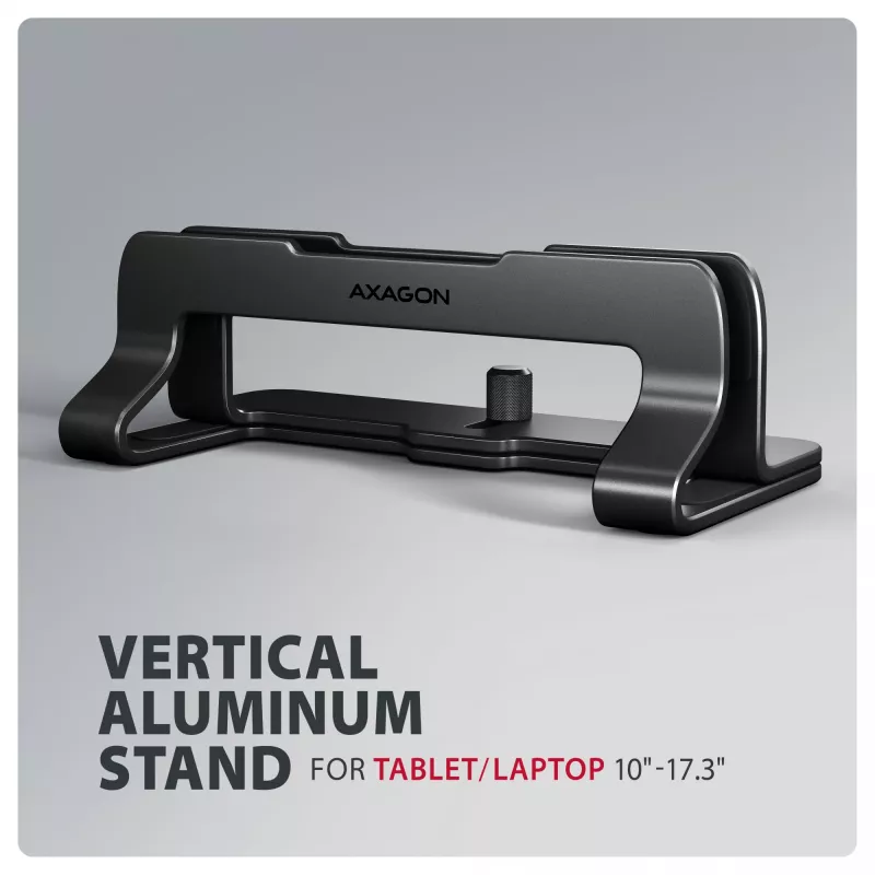 Axagon STND-VB Aluminum stand for vertical insertion of laptops sized 10 inch–17.3 inch. Adjustable slot width 9.5–25.5 mm. Black version.