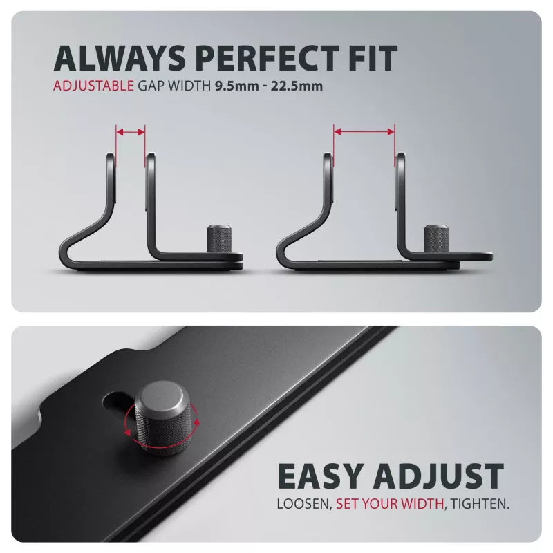 Axagon STND-VB Aluminum stand for vertical insertion of laptops sized 10 inch–17.3 inch. Adjustable slot width 9.5–25.5 mm. Black version.
