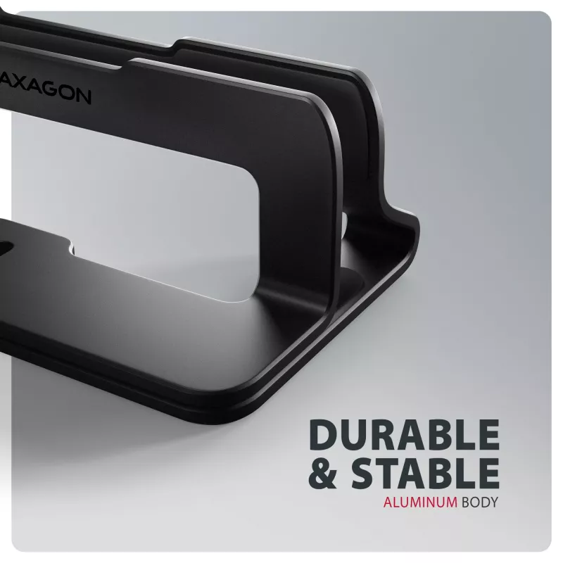 Axagon STND-VB Aluminum stand for vertical insertion of laptops sized 10 inch–17.3 inch. Adjustable slot width 9.5–25.5 mm. Black version.