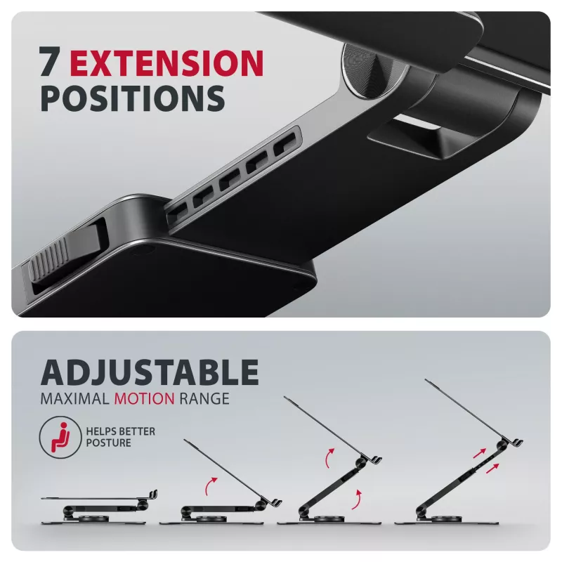 Laptop stand AXAGON STND-LRB — aluminium, 360° rotation, for 10 inch–17.3 inch, adjustable height up to 26 cm, tilt 0–180°, black