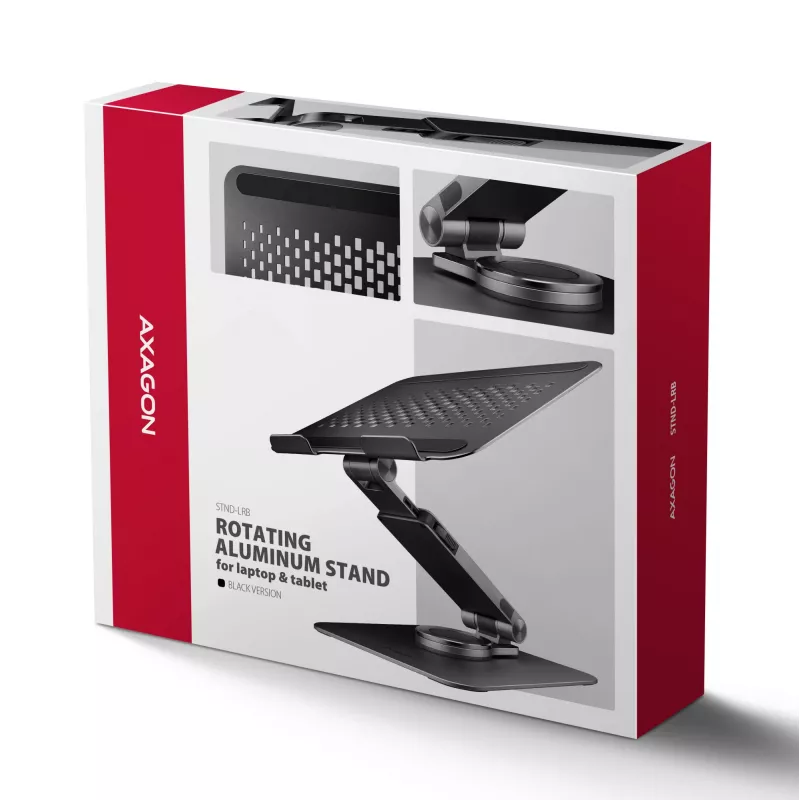 Laptop stand AXAGON STND-LRB — aluminium, 360° rotation, for 10 inch–17.3 inch, adjustable height up to 26 cm, tilt 0–180°, black