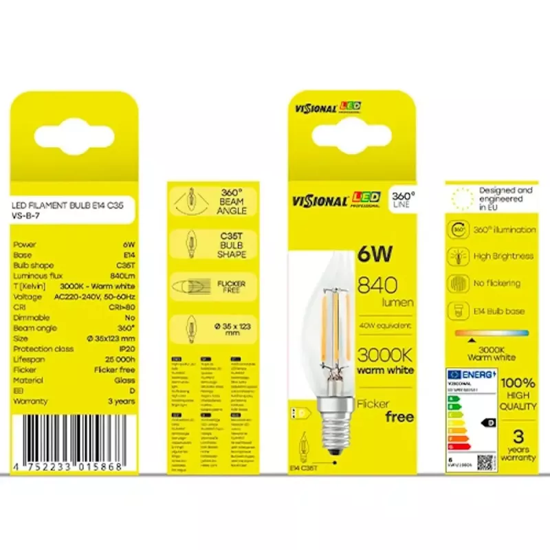 LED bulb VISIONAL VS-B-7 6W, 840 lm, 3000K