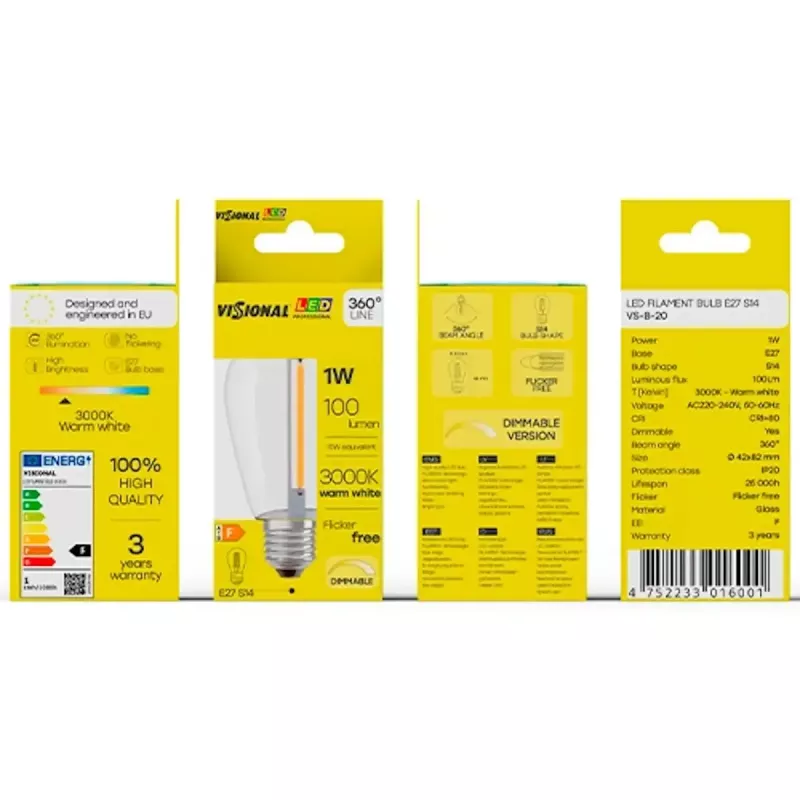 LED bulb VISIONAL VS-B-20 1W 100 lm 3000K, energy class F