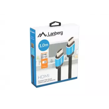 HDMI cable LANBERG CA-HDMI-P20CU-0010-BK 1 m, HDMI Type A male–male, HDMI 2.0, 18 Gbit/s, ARC, gold-plated contacts, black/blue