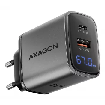 Wall charger AXAGON ACU-PQ67D, 67W, USB-C PD3.0 + USB-A QC4+, 2 outputs, LCD display, 100–240V