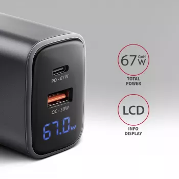 Wall charger AXAGON ACU-PQ67D, 67W, USB-C PD3.0 + USB-A QC4+, 2 outputs, LCD display, 100–240V