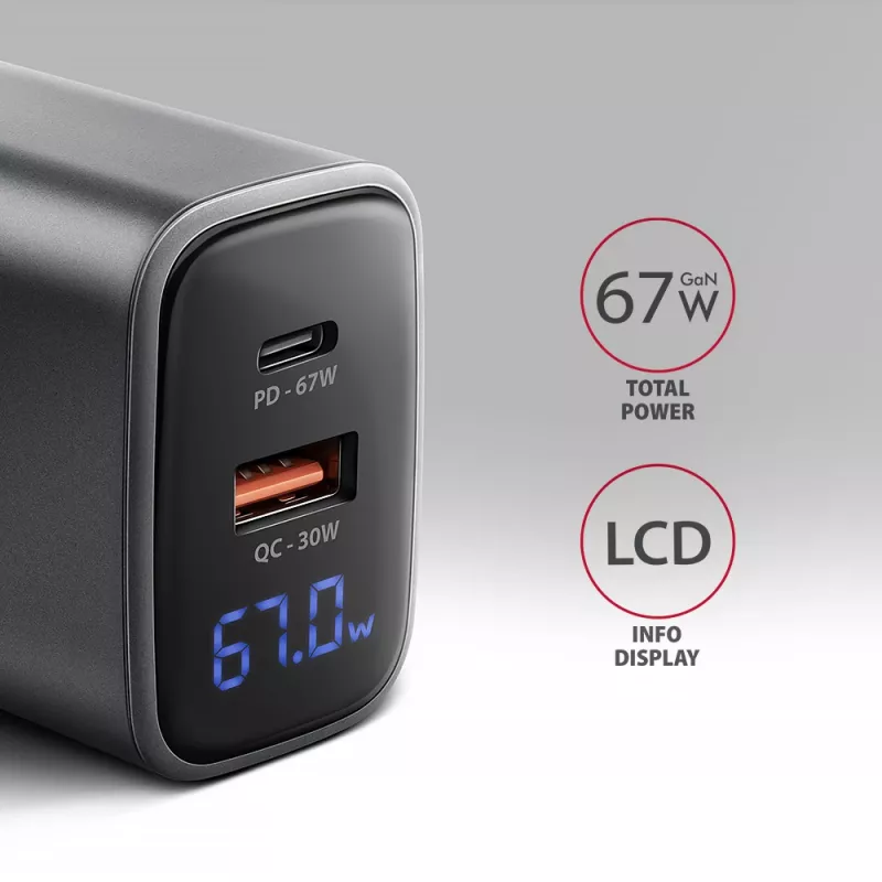 Wall charger AXAGON ACU-PQ67D, 67W, USB-C PD3.0 + USB-A QC4+, 2 outputs, LCD display, 100–240V