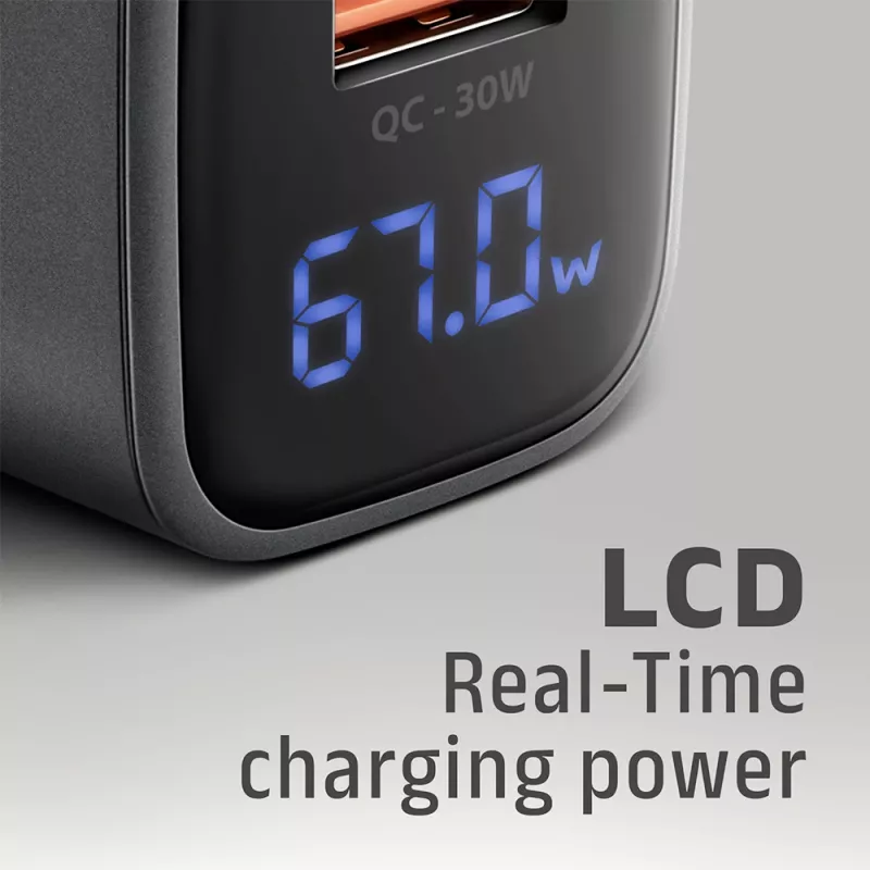 Wall charger AXAGON ACU-PQ67D, 67W, USB-C PD3.0 + USB-A QC4+, 2 outputs, LCD display, 100–240V