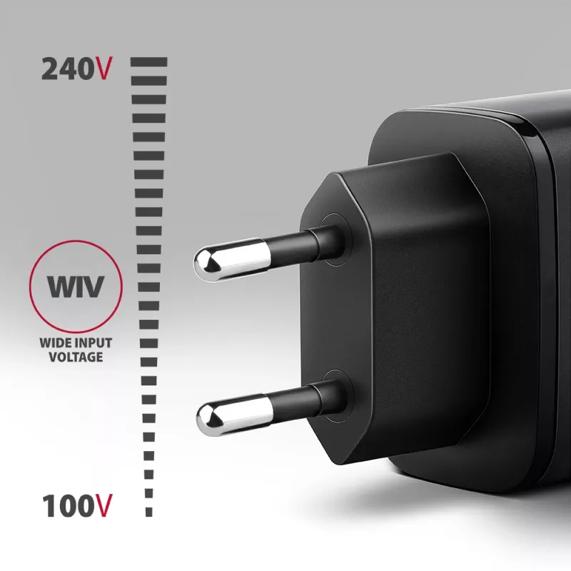 Wall charger AXAGON ACU-PQ67D, 67W, USB-C PD3.0 + USB-A QC4+, 2 outputs, LCD display, 100–240V