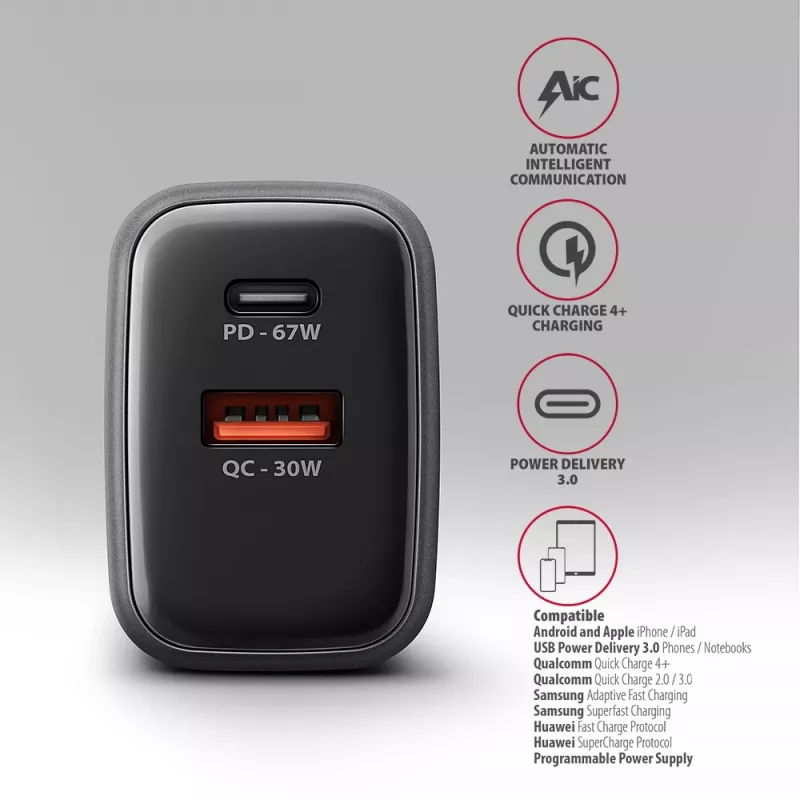Wall charger AXAGON ACU-PQ67D, 67W, USB-C PD3.0 + USB-A QC4+, 2 outputs, LCD display, 100–240V