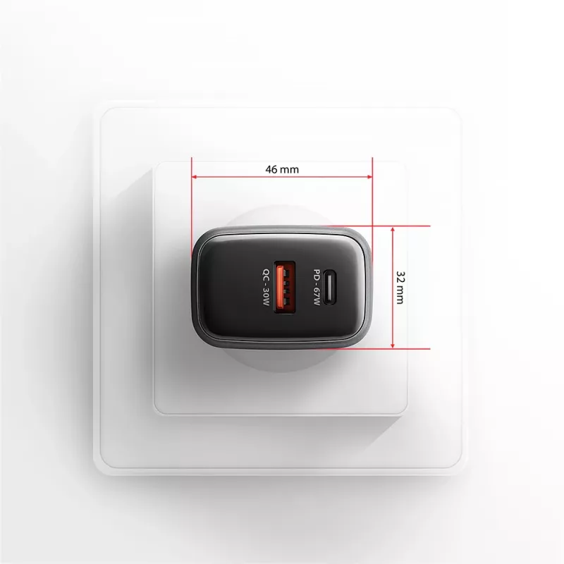 Wall charger AXAGON ACU-PQ67D, 67W, USB-C PD3.0 + USB-A QC4+, 2 outputs, LCD display, 100–240V