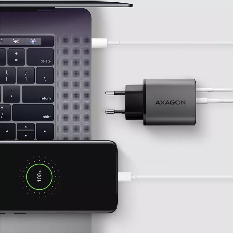 Wall charger AXAGON ACU-PQ67D, 67W, USB-C PD3.0 + USB-A QC4+, 2 outputs, LCD display, 100–240V