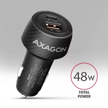Car charger AXAGON PWC-PQ48, 48W, USB-C (PD3.0) + USB-A (QC4+), input 12–24V, black