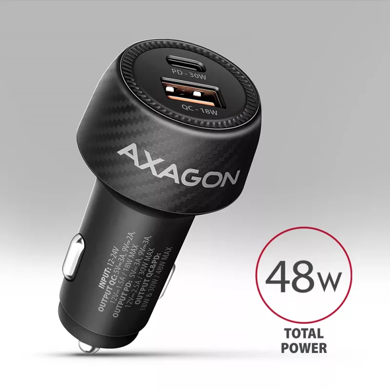Car charger AXAGON PWC-PQ48, 48W, USB-C (PD3.0) + USB-A (QC4+), input 12–24V, black