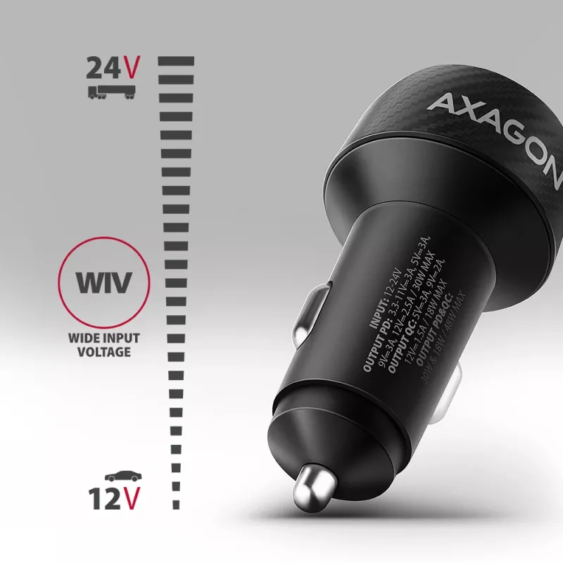 Car charger AXAGON PWC-PQ48, 48W, USB-C (PD3.0) + USB-A (QC4+), input 12–24V, black