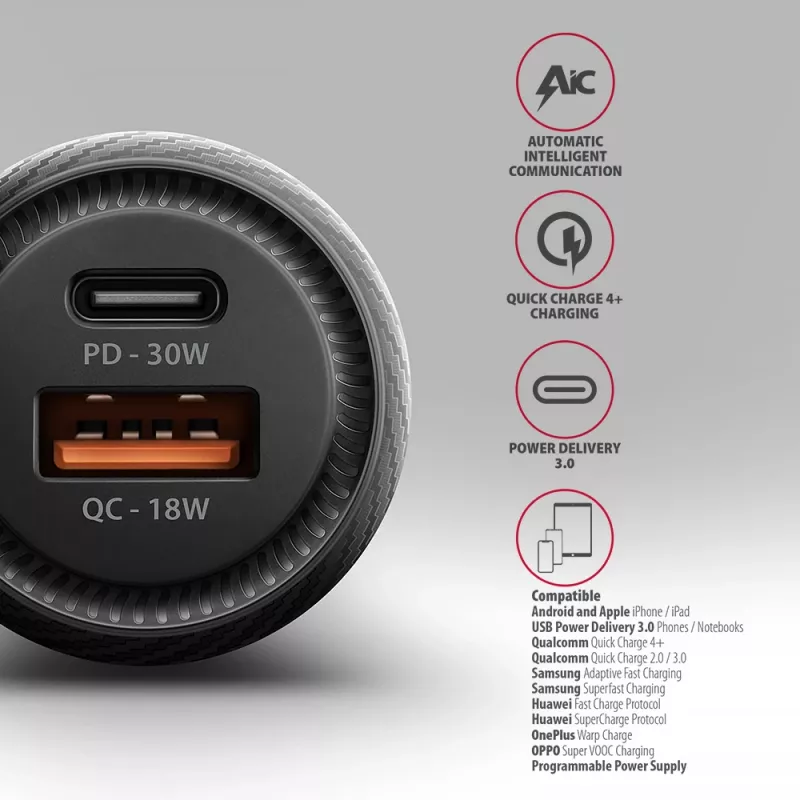 Car charger AXAGON PWC-PQ48, 48W, USB-C (PD3.0) + USB-A (QC4+), input 12–24V, black