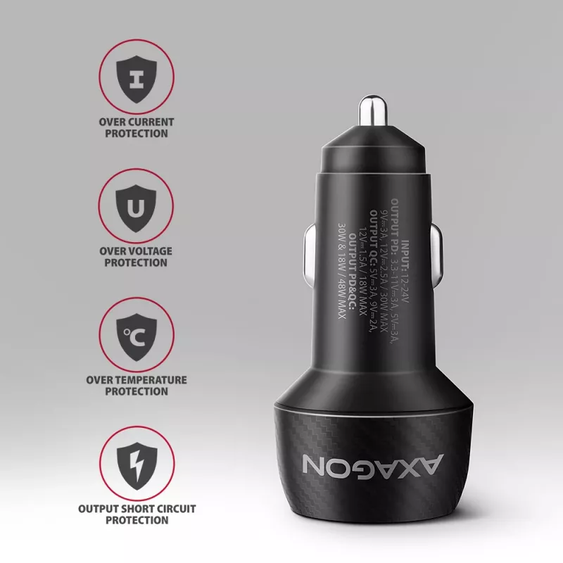 Car charger AXAGON PWC-PQ48, 48W, USB-C (PD3.0) + USB-A (QC4+), input 12–24V, black