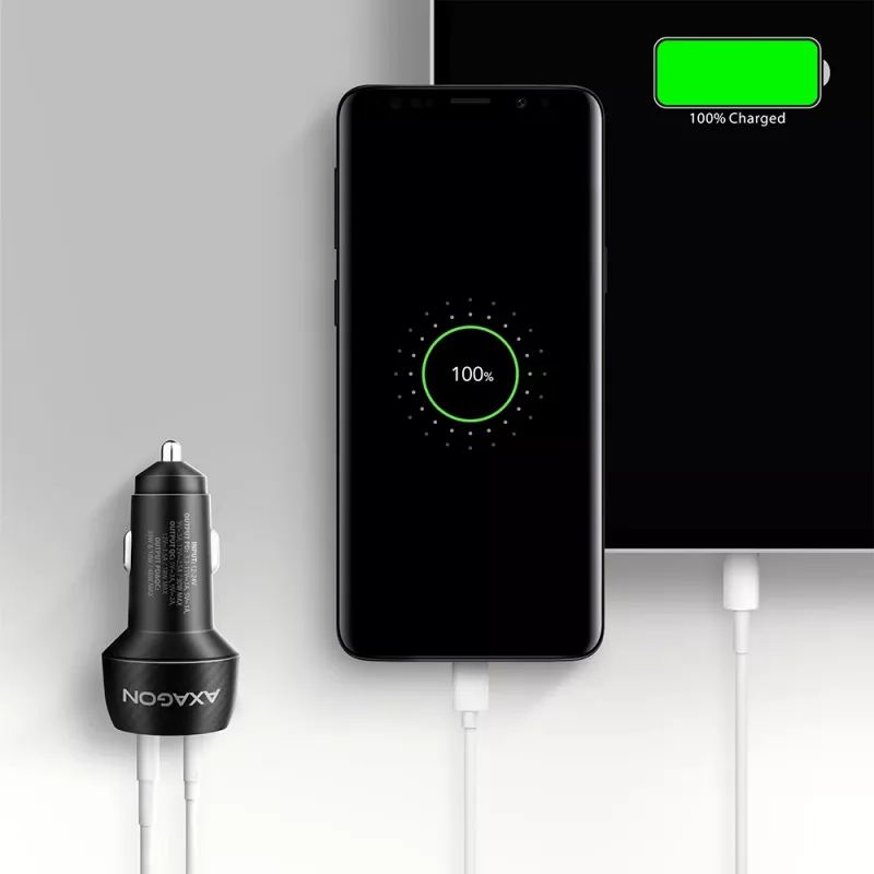 Car charger AXAGON PWC-PQ48, 48W, USB-C (PD3.0) + USB-A (QC4+), input 12–24V, black