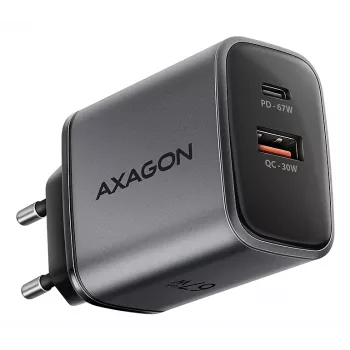 Wall charger AXAGON ACU-PQ67, 67W, PD3.0 + QC4+, 1x USB-C + 1x USB-A, 100–240V, grey/black