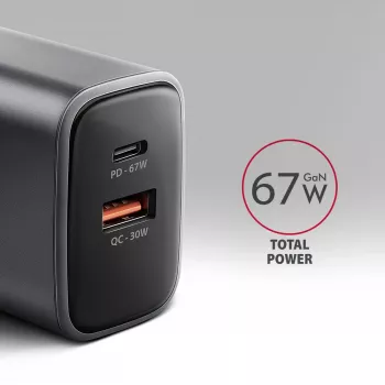 Wall charger AXAGON ACU-PQ67, 67W, PD3.0 + QC4+, 1x USB-C + 1x USB-A, 100–240V, grey/black