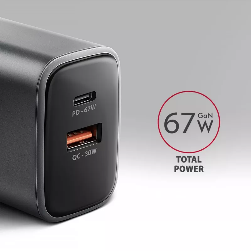 Wall charger AXAGON ACU-PQ67, 67W, PD3.0 + QC4+, 1x USB-C + 1x USB-A, 100–240V, grey/black