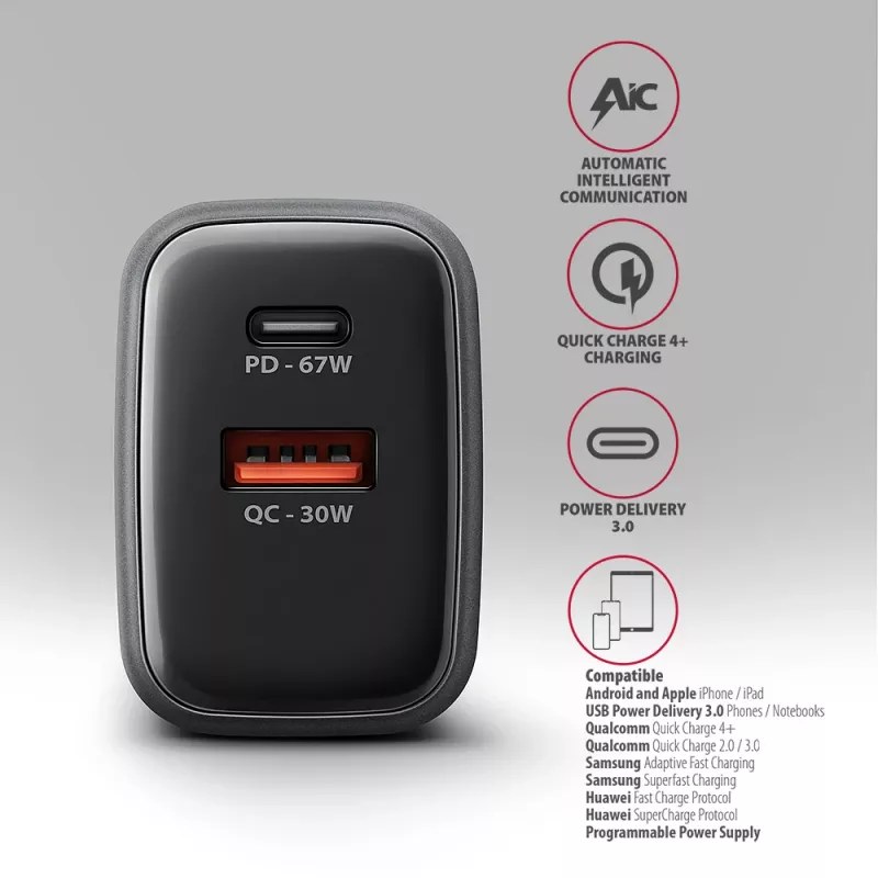 Wall charger AXAGON ACU-PQ67, 67W, PD3.0 + QC4+, 1x USB-C + 1x USB-A, 100–240V, grey/black