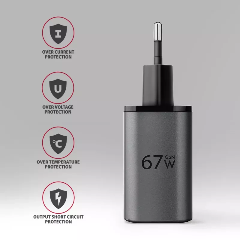 Wall charger AXAGON ACU-PQ67, 67W, PD3.0 + QC4+, 1x USB-C + 1x USB-A, 100–240V, grey/black